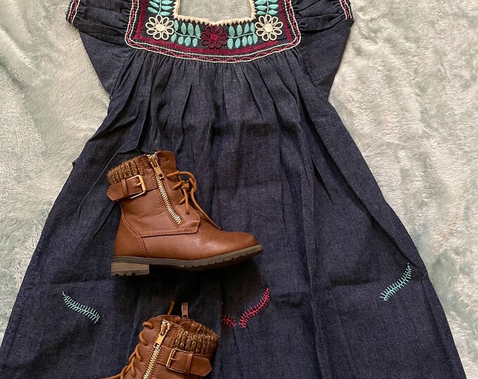 Size 3-4 Years old girl toddler dress Long Denim dress hand embroidered