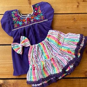 Baby and toddlers Mexican outfits hand made included bow clip - skirt - embroidered blouse