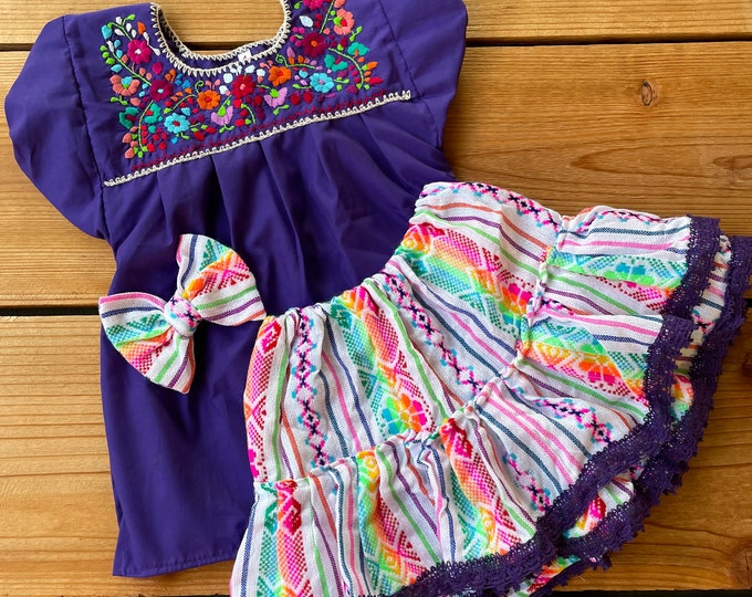 Baby and toddlers Mexican outfits hand made included bow clip - skirt - embroidered blouse