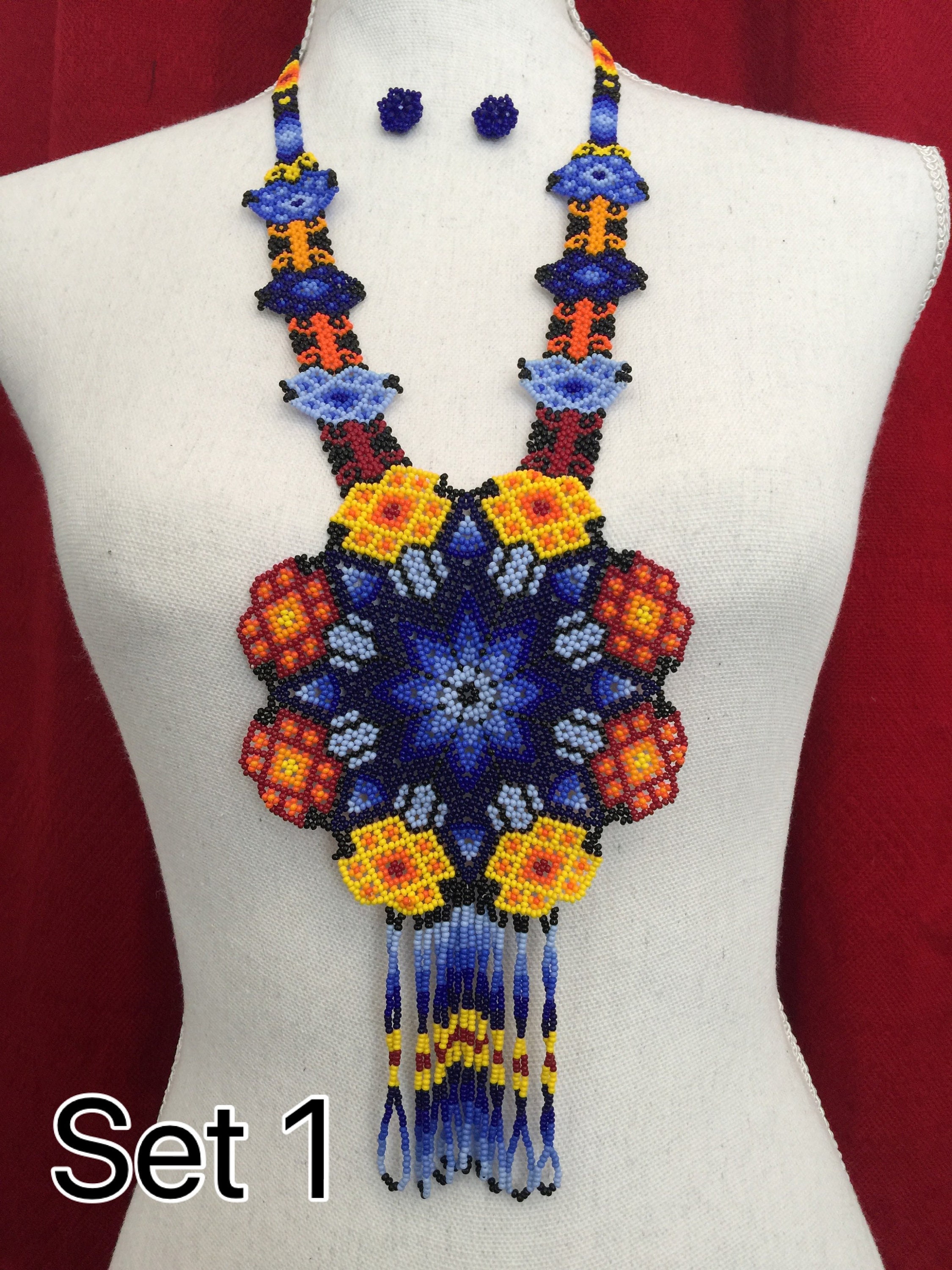 Huichol Art Mexican Long Necklace Unisex Tribal Mexican Jewelry Hand