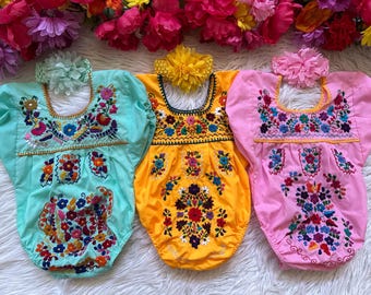 Mexican Embroidered baby and Toddler bodysuit with Headband Flower