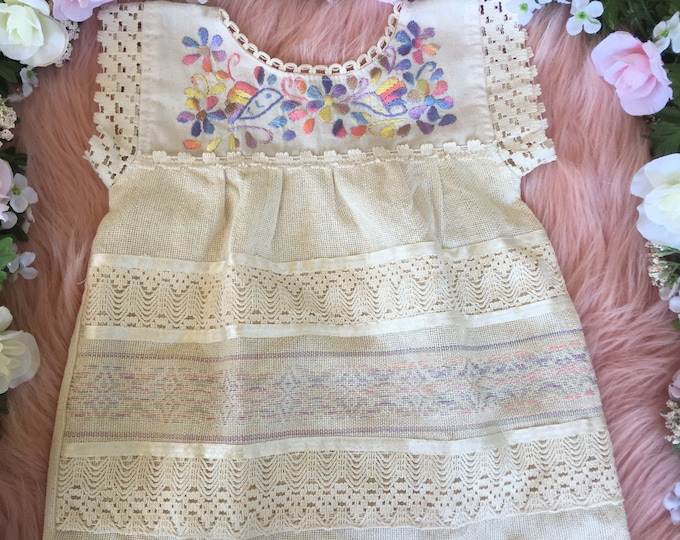 Sizes 1-2-4-7 years old Girls Mexican Dresses hand embroidered pastel colors Mexican Huipil COLOR CREAM