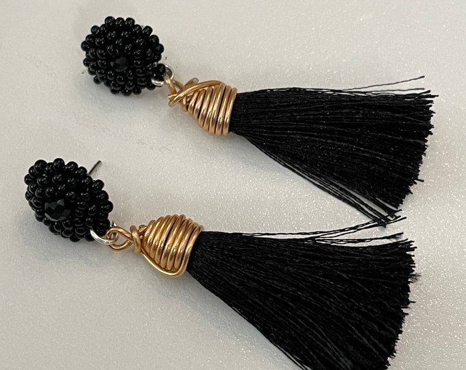 HUICHOL art hand beaded black earrings with tassels