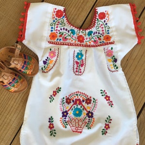 Sizes 0-1-2 -3-4-5-6 years old Mexican dresses hand embroidered pompoms dresses Mexican Huaraches not included sold separately