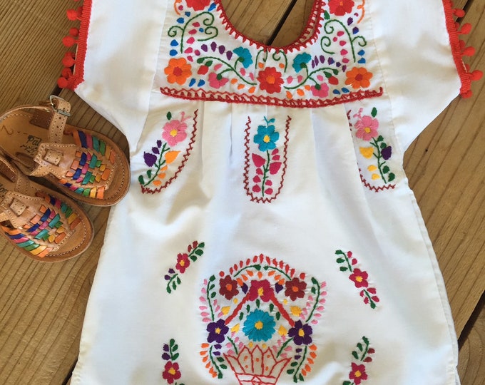 Sizes 0-1-2 -3-4-5-6 years old Mexican dresses hand embroidered pompoms dresses Mexican Huaraches not included sold separately