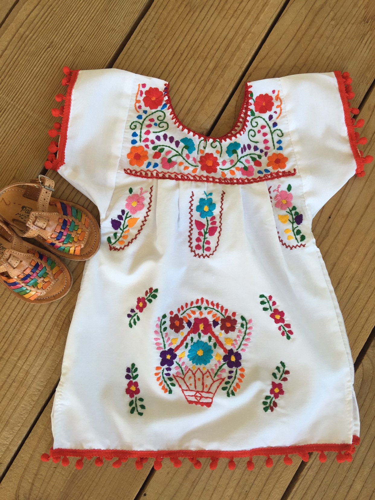 Sizes 0-1-2 -3-4-5-6 years old Mexican dresses hand embroidered pompoms  dresses Mexican Huaraches not included sold separately