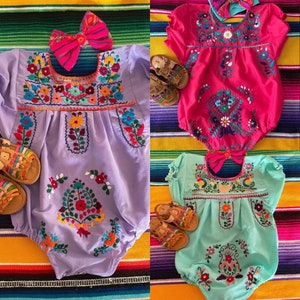 Mexican baby girl bodysuit hand embroidered headband bow included