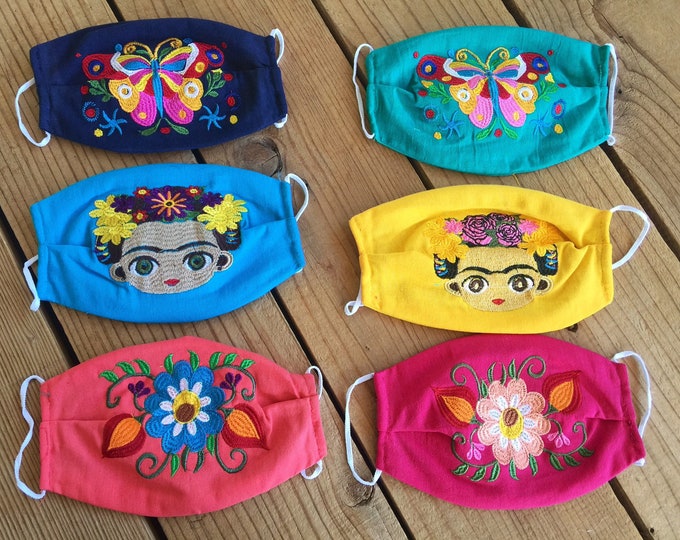 Girls face mask Embroidered Mexican Face mask hand made - size 6-7-8 years  old Girls