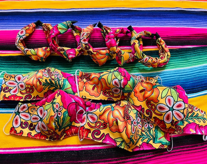 Set of Tiara and Facemask Mexican floral fabric Mexican face cover