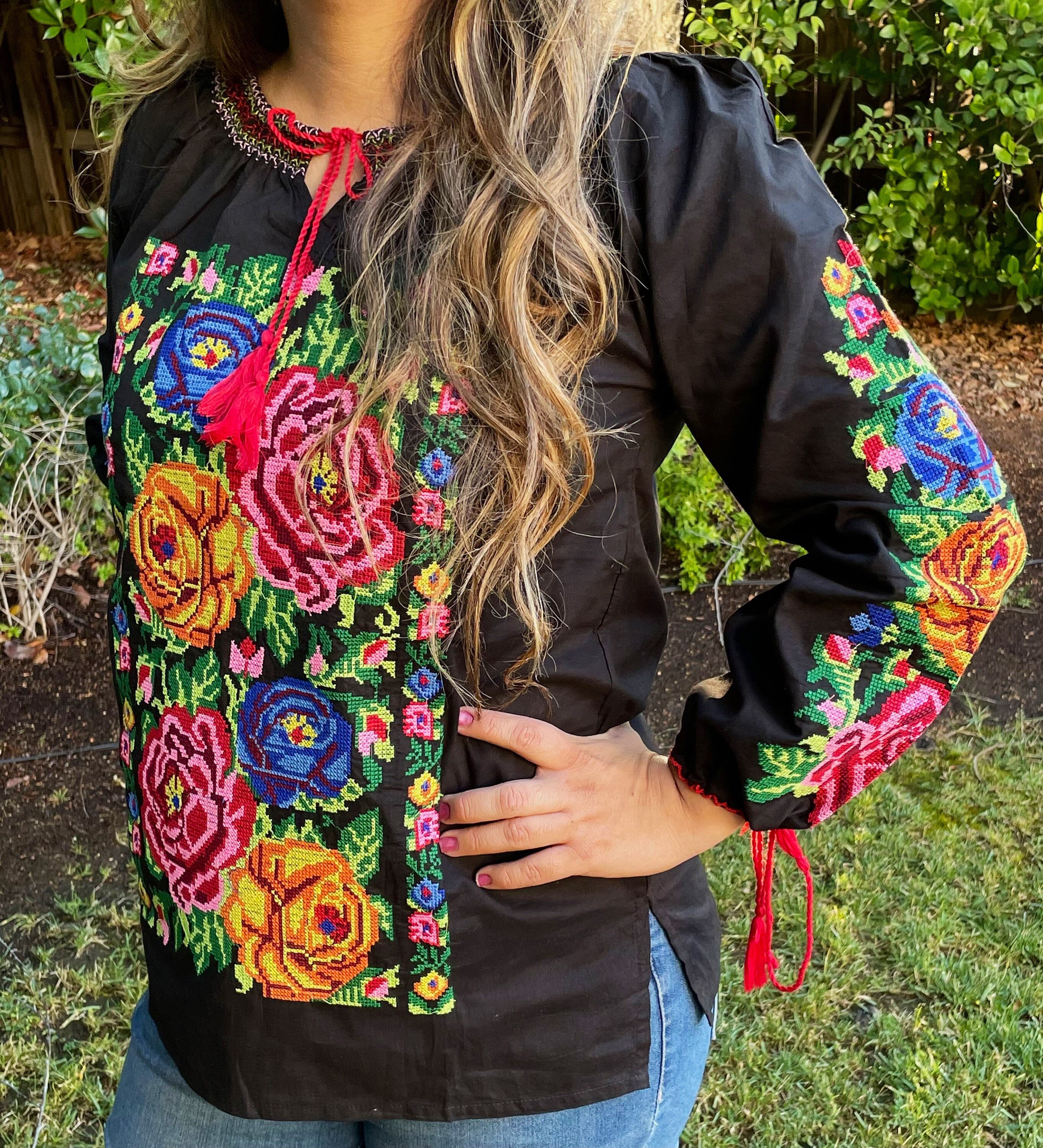 Dressy Handmade Traditional Party Shirts for Plus Size Super Bohemian Mexican Floral Embroidered Blouses for Women 