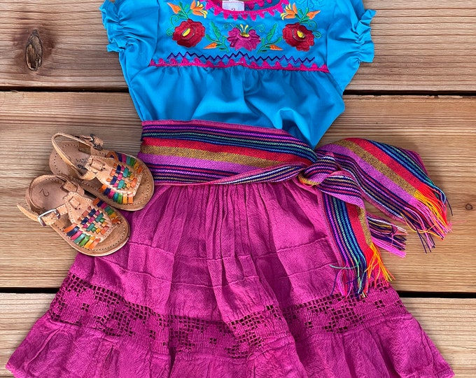 Girls Mexican outfits Mexican Skirt - Embroidered Blouse- Sash
