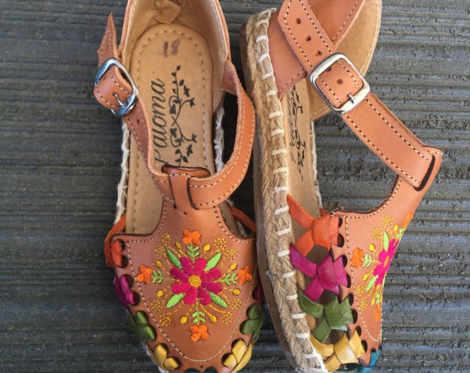 Toddlers Girls Mexican style Leather Embroidered Huaraches - Colors Available Black- Tan- Brown - Blue