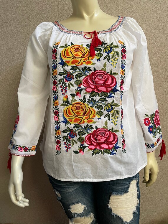 Blusas mexicanas de manga larga bordadas Punto Cruz Etsy España