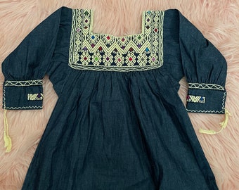 Size 4 years old toddler girl Hand Embroidered Mexican Denim blouse