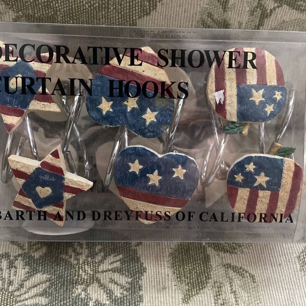 Americana Patriotic Flag Shower Curtain Hooks Pie Stars Hearts Apples NEW