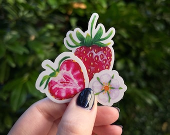 Small Strawberry Sticker Pack | watercolor floral cottagecore | clear vinyl decal for cars, computers, cell phone cases & water bottles