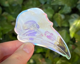 Raven Skull Watercolor Holographic Sticker | crow bird dark academia cottagecore decal for cars, computers, cell phone cases, water bottles