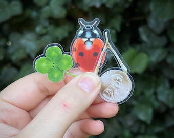 Small Lucky Sticker Pack | clover, penny, ladybug, wishbone | clear vinyl decal for cars, computers, cell phone cases & water bottles