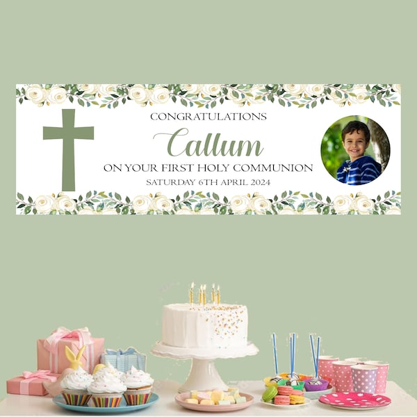 Personalised First Holy Communion Party Banner Green Floral Cross, Custom Banners, Party Decor, Wall Decoration