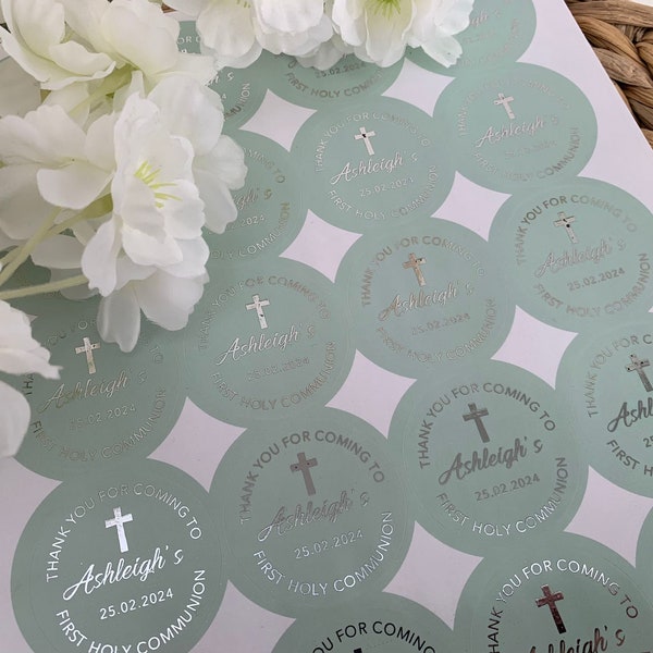 Personalised Gloss Foil First Holy Communion Stickers, Party Bag Stickers, Sweet Cone Bags