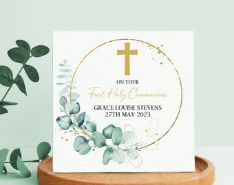 Personalised First Holy Communion Card Gold Cross Eucalyptus Frame, Baptism, Confirmation, Christening