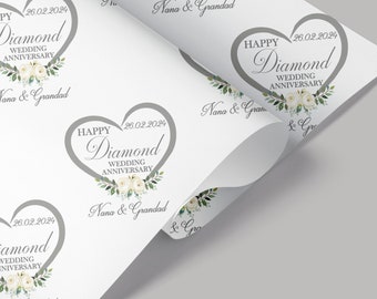 Diamond Wedding Anniversary Gift Wrap, Personalised Congratulations Anniversary Wrapping Paper,