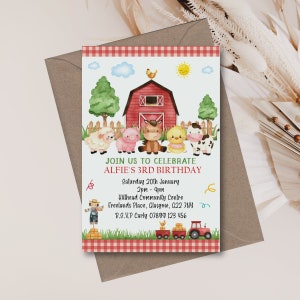 10 Printed Personalised Birthday Party Invitations Farm Barnyard - Red, Pink & Blue Options