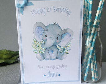 Large A5 Personalised Handmade Birthday Card Boys 1st 2nd 3rd Son Grandson Nephew Godson Watercolour Elephant