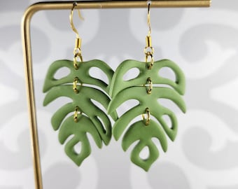 Handmade Polymer Clay Monstera Leaf Earrings | Boho Plant Jewelry