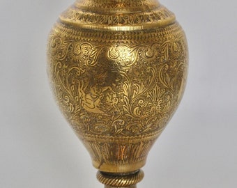 Large 18/19TH Century Persian Middle Eastern Brass Lantern Vase Hunting Scenes