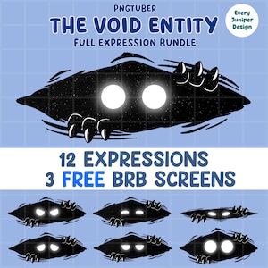 Pode incluir: Um pacote de arte digital com "The Void Entity" com múltiplas expressões. O design inclui uma forma preta cheia de estrelas com olhos e garras brancas brilhantes. O texto inclui "PNGTUBER", "FULL EXPRESSION BUNDLE", "12 EXPRESSIONS" e "3 FREE BRB SCREENS".