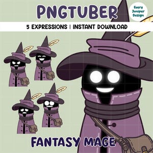Puede incluir: Una ilustración digital de un personaje mago de fantasía con cara negra, ojos blancos brillantes y un sombrero morado con una pluma amarilla. El personaje lleva un abrigo morado y un bolso marrón. El texto dice PNGTUBER, 5 EXPRESSIONS, INSTANT DOWNLOAD, FANTASY MAGE y Every Juniper Design.