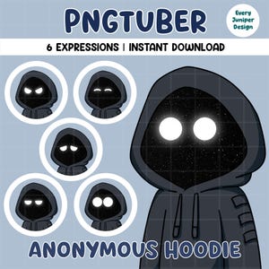 May include: A digital PNGtuber character set featuring an anonymous hoodie figure with a dark, starry void face and glowing white eyes. The set includes six distinct facial expressions, presented as circular icons and one larger character graphic.