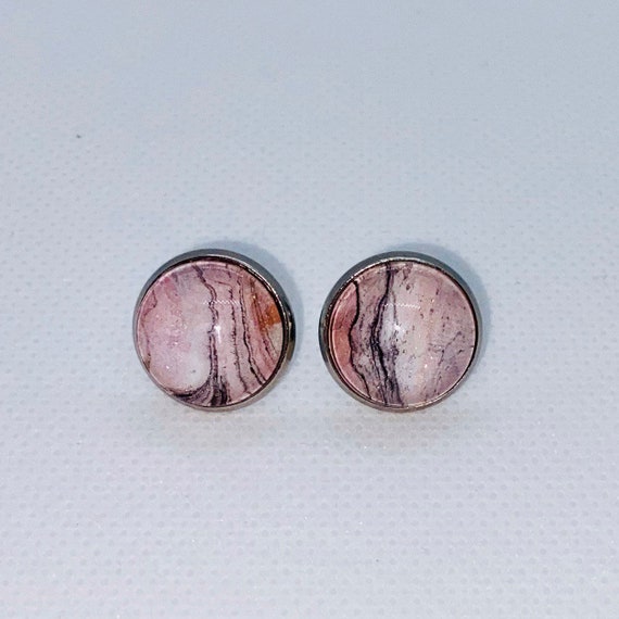 Handmade Round Pendant and Earrings Set with Glass Covered White Pink Gold Fluid Acrylic Original Art