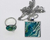 Square Pendant and Ring Set with Glass Covered Turqoise Green Copper White Fluid Acrylic Original Art - Handmade