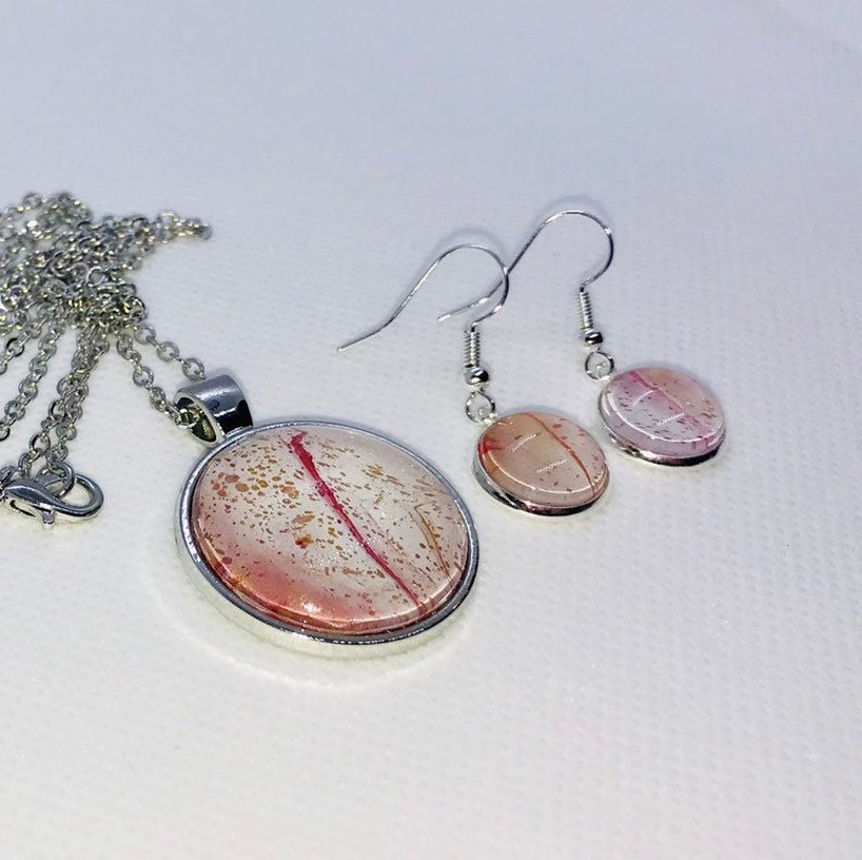 Handmade Round Pendant and Earrings Set with Glass Covered White Pink Gold Fluid Acrylic Original Art