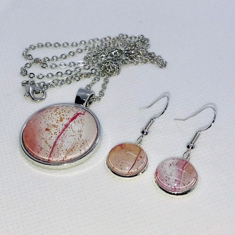 Handmade Round Pendant and Earrings Set with Glass Covered White Pink Gold Fluid Acrylic Original Art