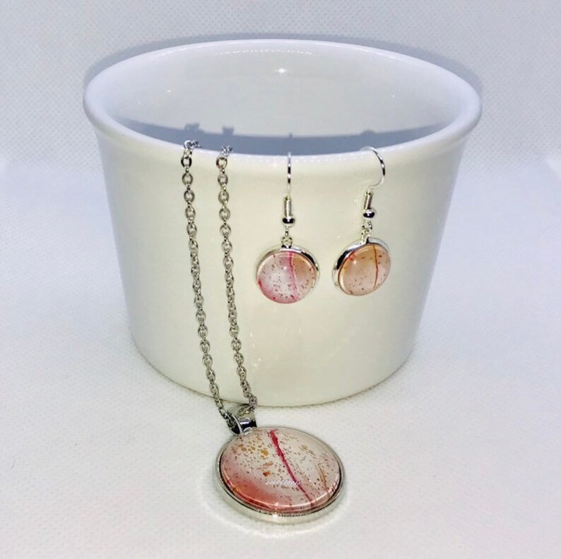 Handmade Round Pendant and Earrings Set with Glass Covered White Pink Gold Fluid Acrylic Original Art