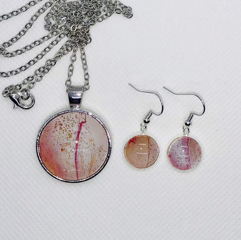 Handmade Round Pendant and Earrings Set with Glass Covered White Pink Gold Fluid Acrylic Original Art