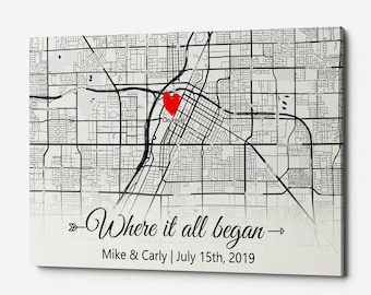 where it all began map , valentine's day gift , custom map canvas , 1st anniversary , gift for couple , gift for boyfriend , map art poster