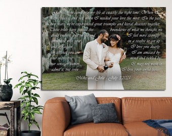Large anniversary canvas, First anniversary gift, 1 year anniversary gift, Couple wedding photo, Personalized text canvas, Wall canvas print