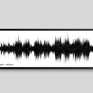 May include: Black and white sound wave art print with the text "Golden years - make peace" at the bottom.