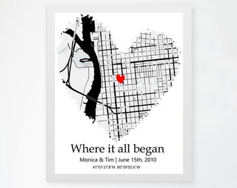 where it all began map , Frame Wall Canvas  , gift for girlfriend , framed map prints, anniversary gift , heart shape map , Custom map , map