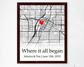 where it all began map , first anniversary gift , engagement map  , gift for her , gift for him , framed map prints , Valentines day gift