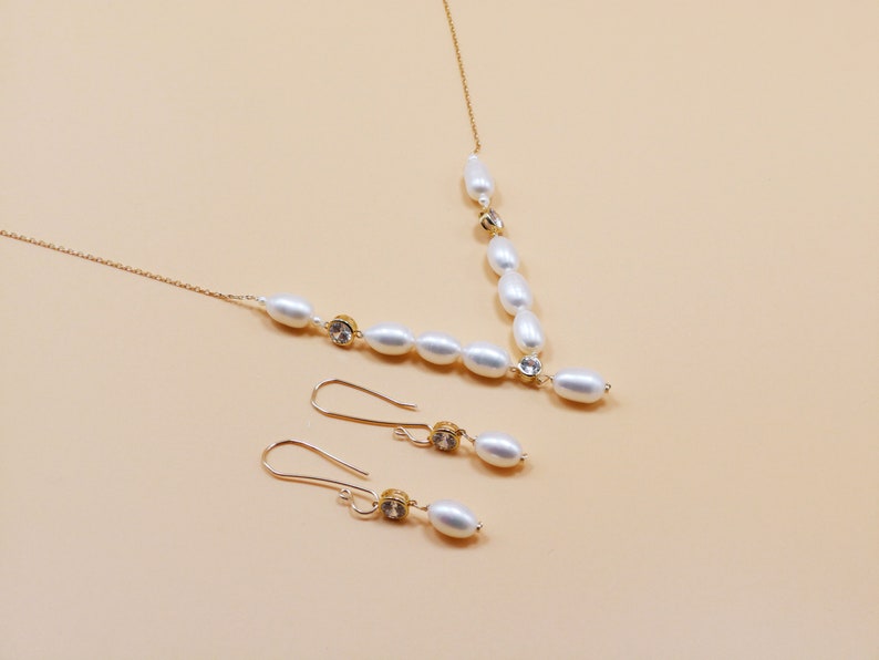 Bridal Jewelry,Necklace,Earrings Highest Quality Natural Freshwater Pearl and Rhinestone Necklace with Earring Set,14k Gold filled