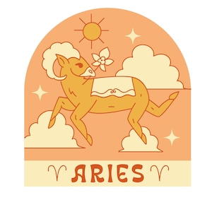 May include: A stylised illustration of the zodiac sign Aries, depicted as a ram with a flower in its mouth, set against a peach background with clouds and stars. The text "ARIES" is written below the ram in a retro font.