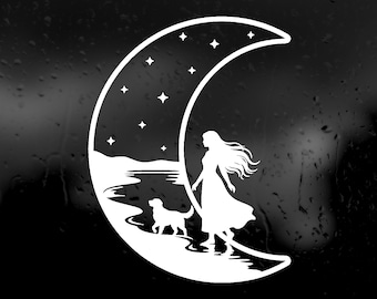 Die Cut Vinyl Decal - Woman With Golden Retriever  Walking On The Moon