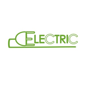 May include: Green line art illustration of an electrical plug with the word "ELECTRIC" written next to it.