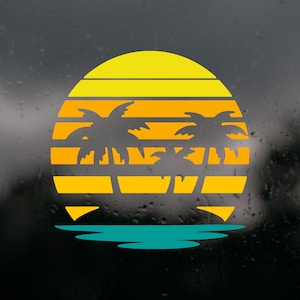 May include: A retro-style graphic featuring a yellow and orange sunset with palm tree silhouettes. Below the sunset is a turquoise ocean. The design is set against a dark background, evoking a tropical or beach theme.