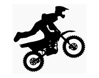May include: Silhouette of a person riding a dirt bike, performing a trick in mid-air. The rider is wearing a helmet and the bike has two wheels.